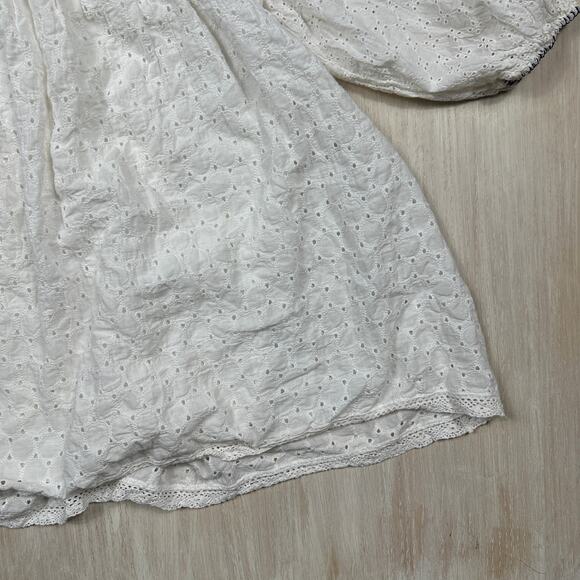 Zara White Eyelet Embroidered Puff Sleeve Boho Peasant Mini Dress Top Medium - Picture 3 of 12